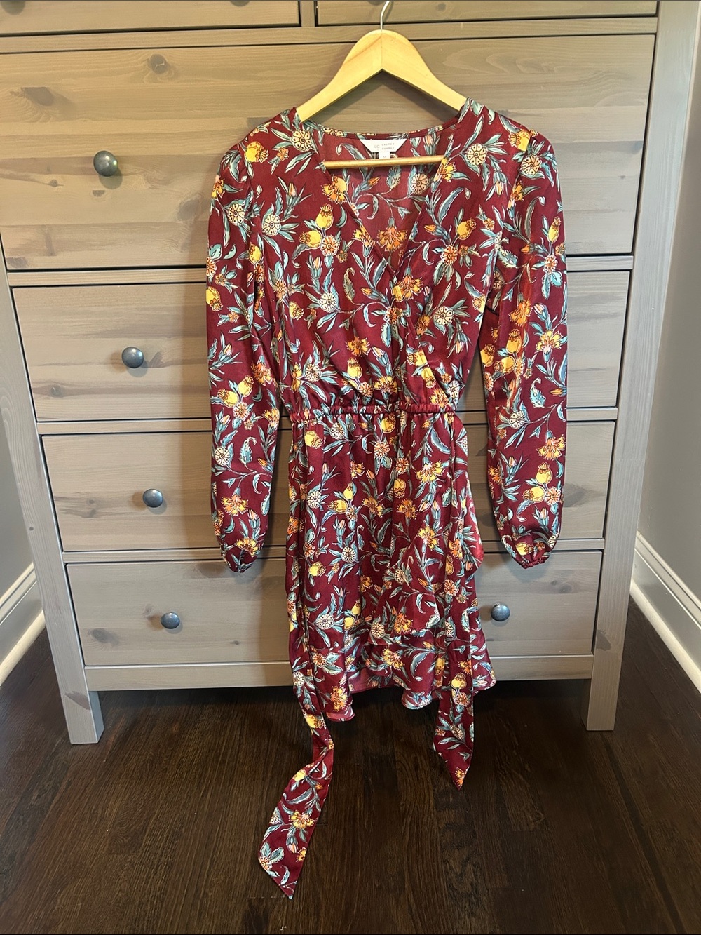LC Lauren Conrad Burgundy Floral Tie-Waist Long Sleeve Dress